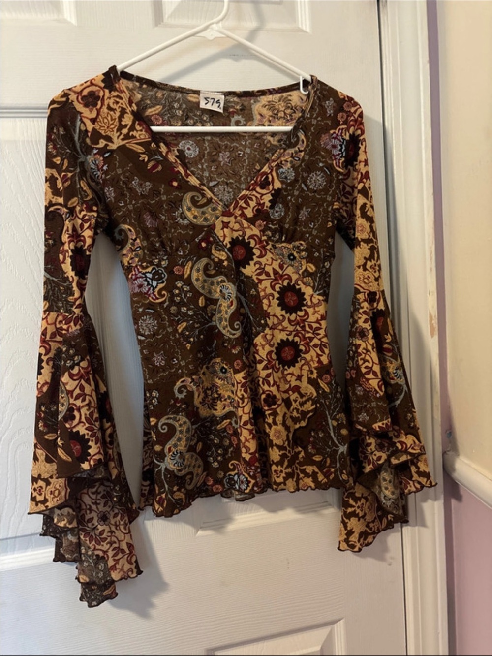 579 Brown Floral Paisley V-Neck Bell Sleeve Top